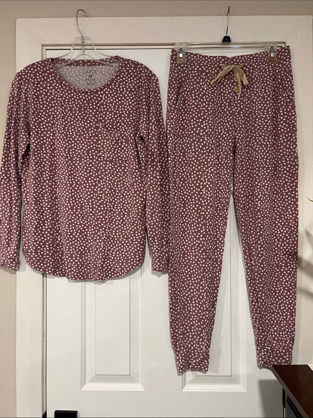 Lates by Kate Lounge PJ 2 Piece Set Pink White Dots Long Sleeve Comfy Flowy S